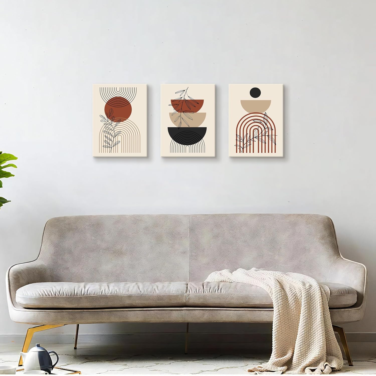 Detalle de 3 Pcs Boho Beige Canvas Wall Art – Geometric Black Leaf Trio, 30x40 cm Each
