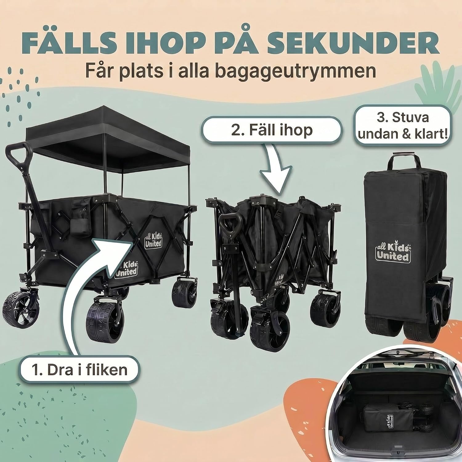 Detalle de all Kids United® hopfällbar transportvagn med 90 liter, 150 kg och XXL-hjul
