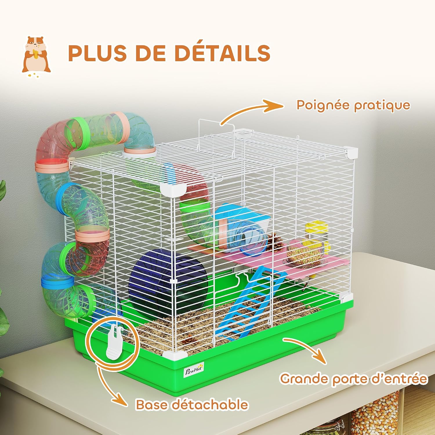 Detalle de PawHut Cage à hamster rongeur 2 niveaux avec tunnel, roue et maisonnette (46 x 30 x 37 cm) – Vert