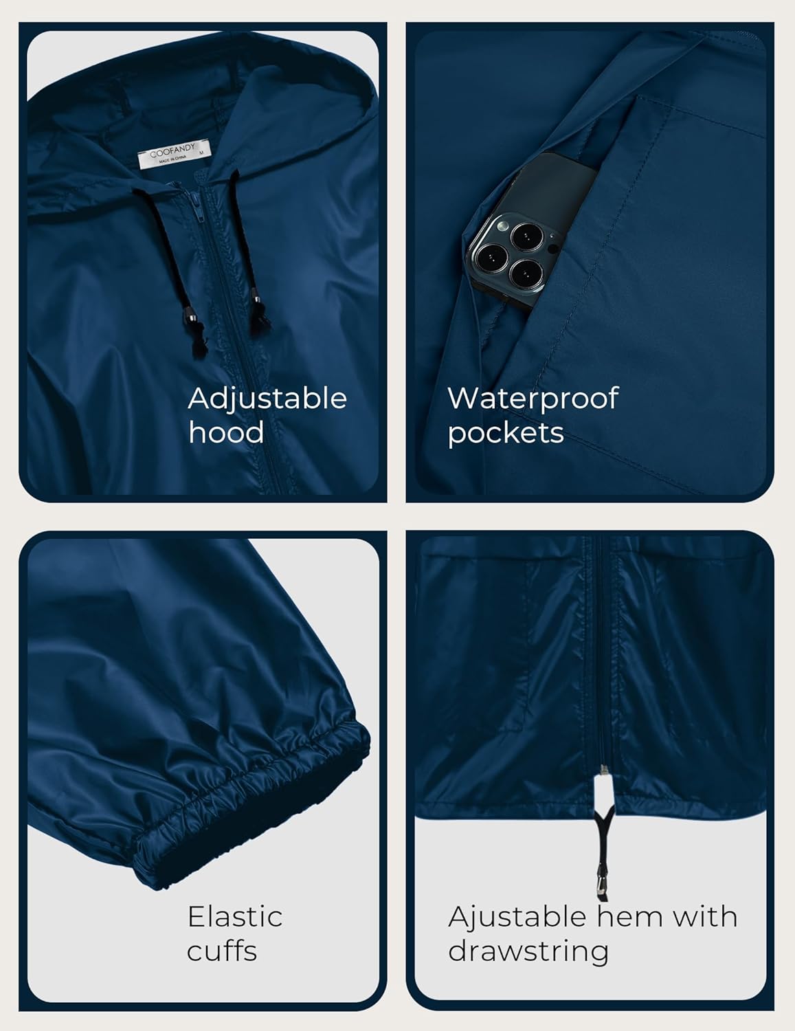 Detalle 2 de COOFANDY Packable Men’s Waterproof Rain Jacket with Hood (Lightweight Outdoor Raincoat)