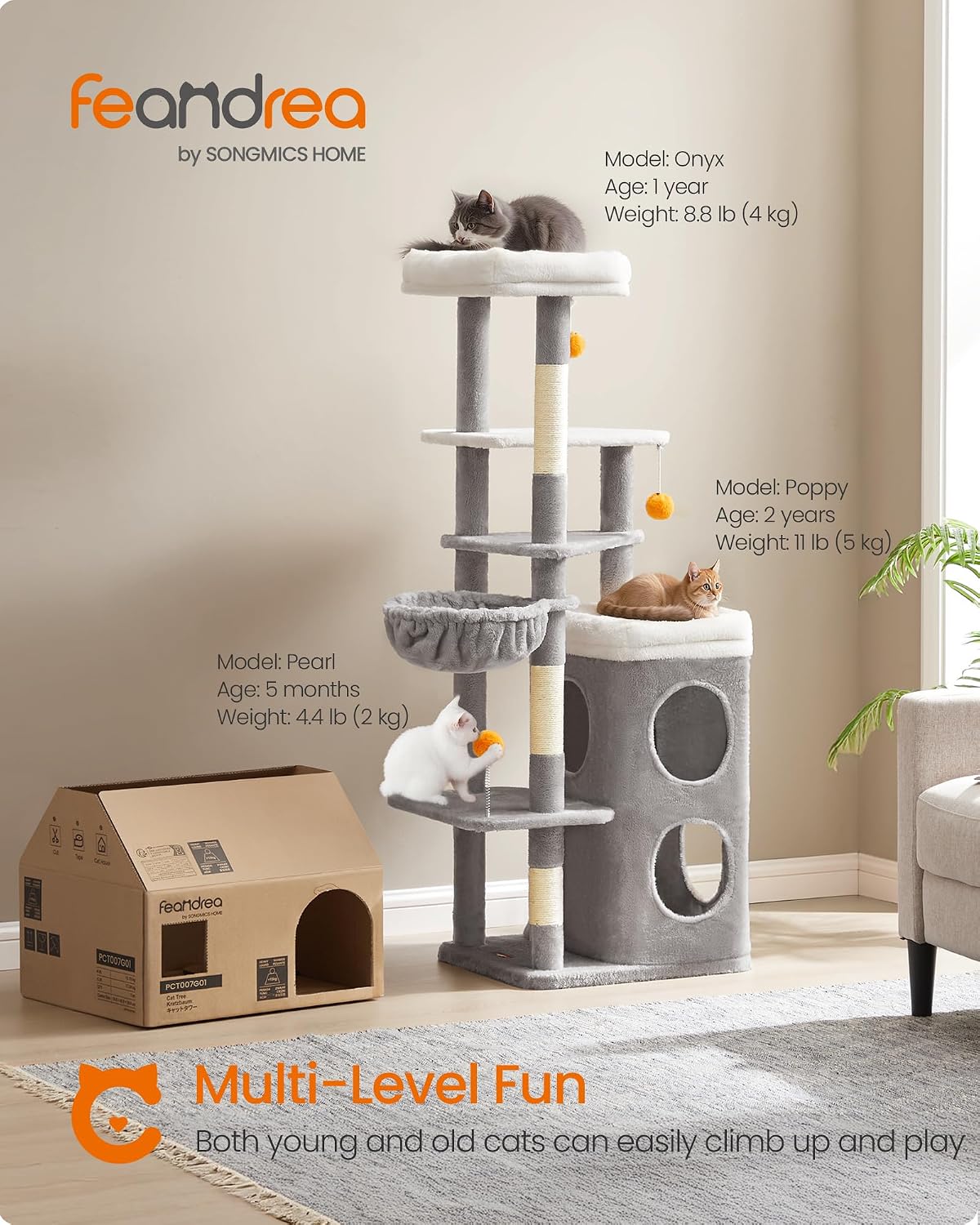 Detalle 2 de FEANDREA Tall Cat Tree, 150 cm, Two Caves and Three Sisal Scratching Posts