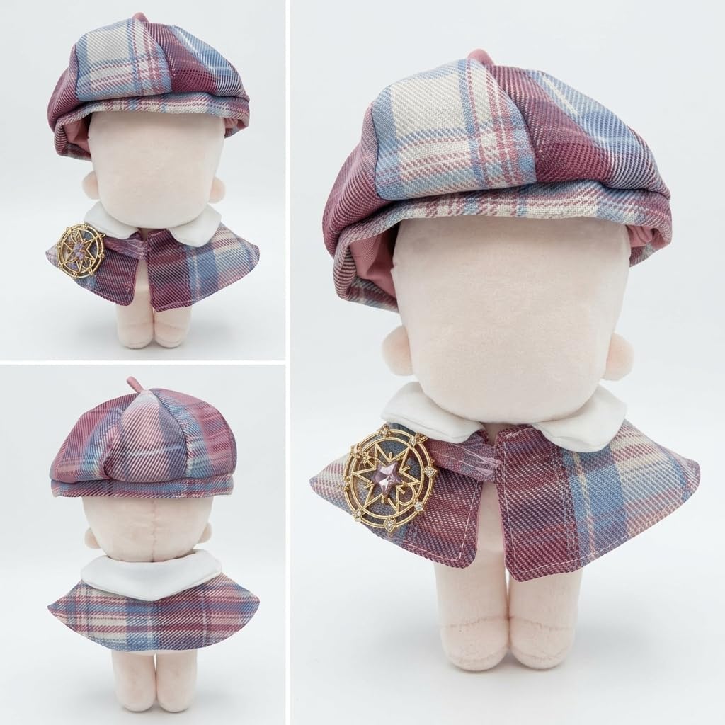 Detalle de G.triger 10cmぬい用チェック柄ベレー帽&星ブローチ付きポンチョセット ピンク