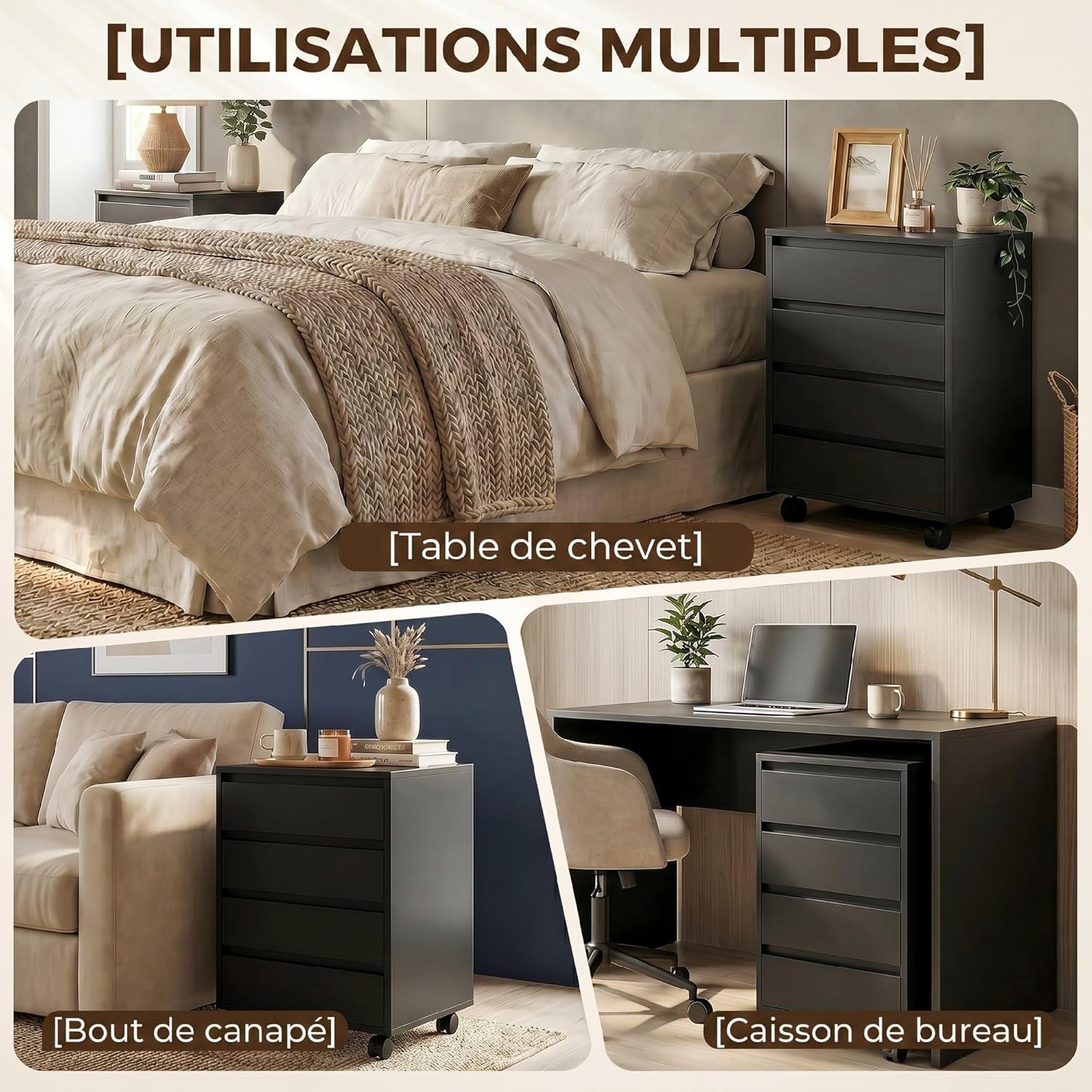 Thumbnail 6 de Caisson de bureau HOMCOM – rangement sur roulettes, 4 tiroirs coulissants en bois, noir