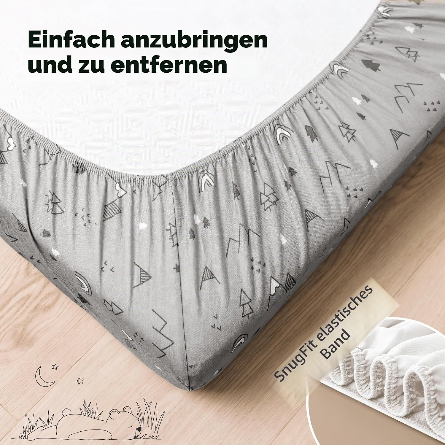 Detalle de Baby Spannbettlaken 70x140 im 2er-Pack – atmungsaktives Jersey-Baumwoll-Spannbettlaken für Baby- und Kleinkindbetten (Woodland)