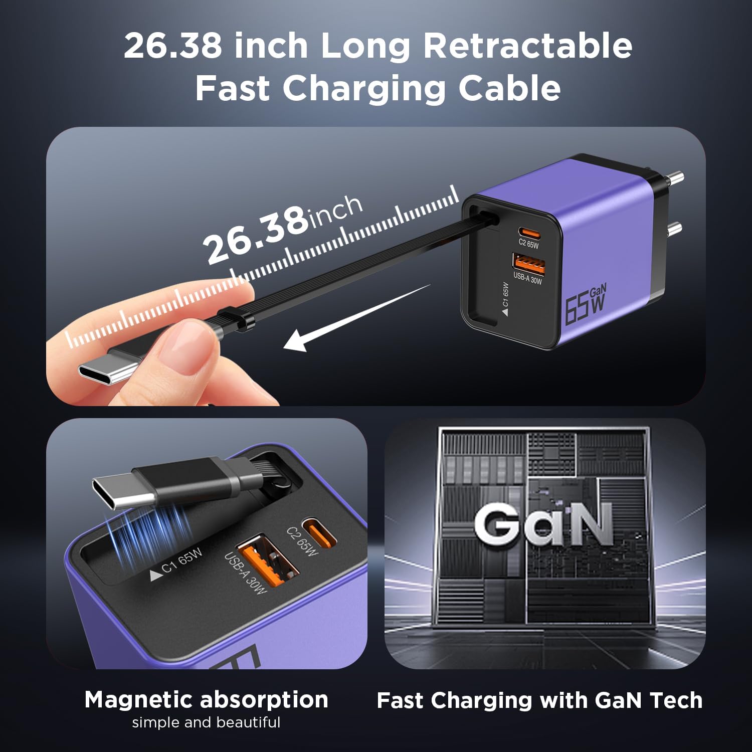 Detalle de USB-C Ladegerät 65W mit Einziehbarem Kabel – GaN, 3-Port, kompakt und sicher