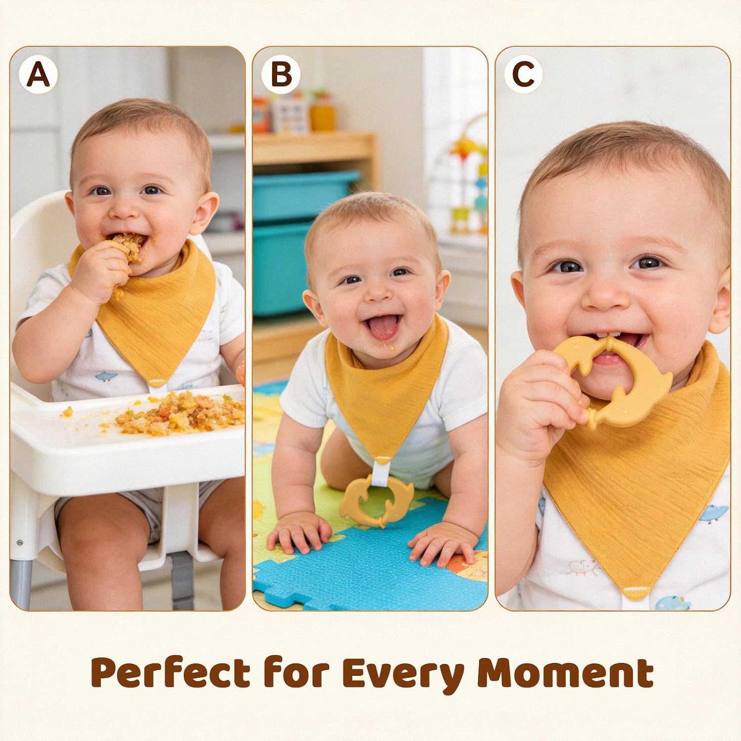Detalle de COOROBIN Muslin Baby Bibs with Detachable Teether, 100% Cotton, Adjustable Snaps