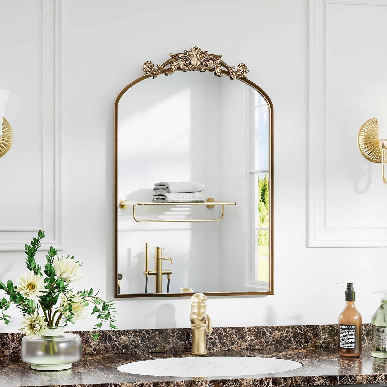 Detalle de Dewfig Antique Arched Wall Mirror (22" x 30") with Vintage Bronze Baroque Frame