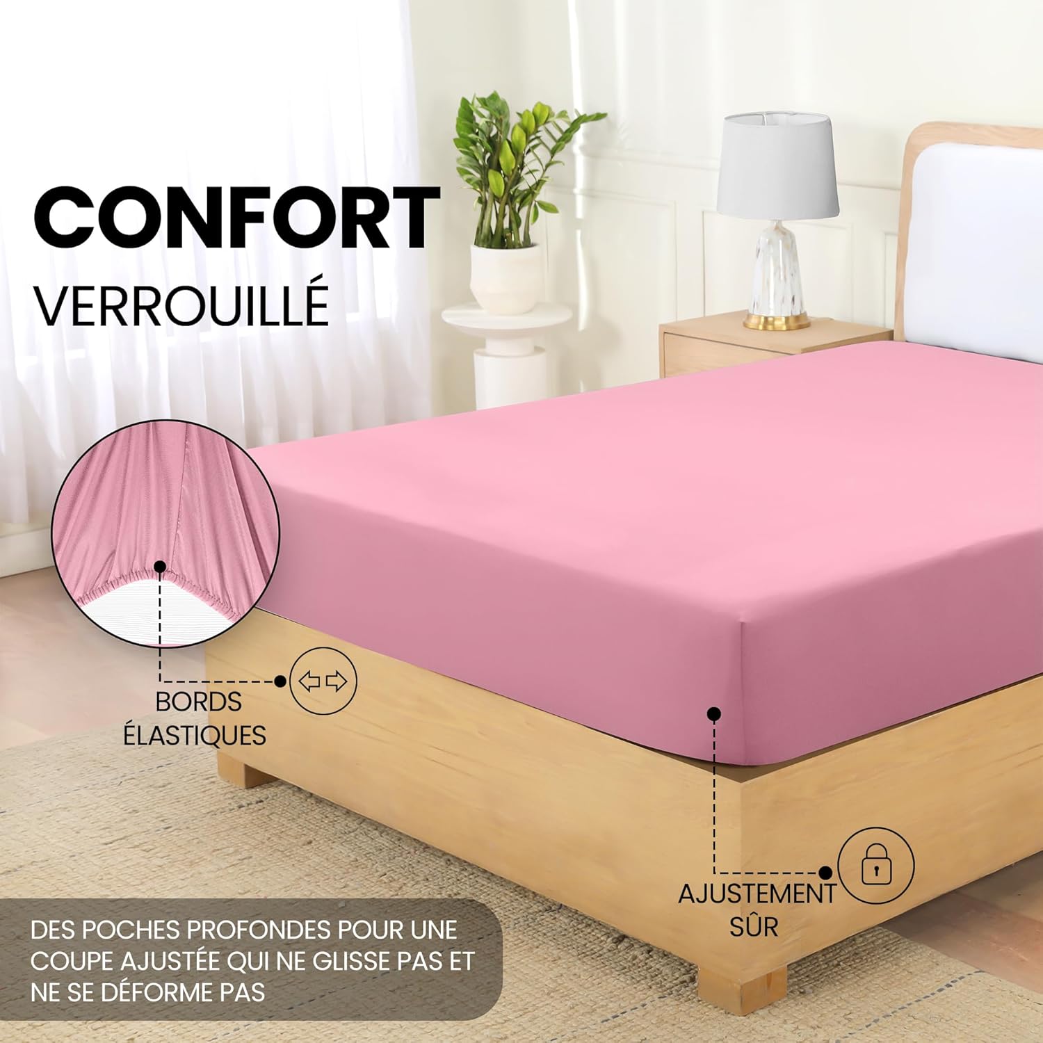 Thumbnail 3 de Utopia Bedding Drap Housse Rose 160 x 200 cm – Certifié OEKO-TEX, poches 35 cm