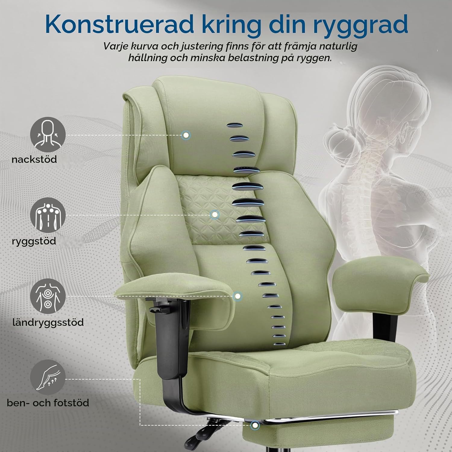 Detalle de GTPLAYER GT216 bred gamingstol i tyg med fotstöd, justerbart ryggstöd, grön
