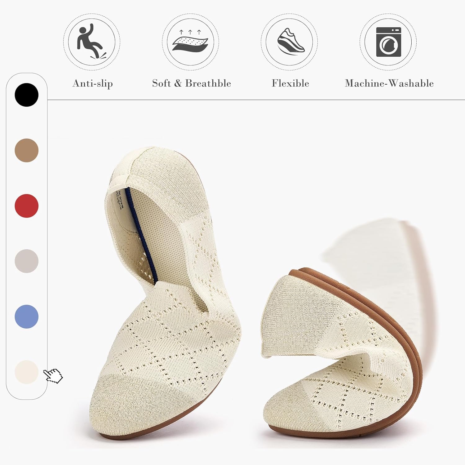 Detalle de Puxowe Bequeme Ballerinas Damen – Atmungsaktive, faltbare Schlupfschuhe mit Memory Foam