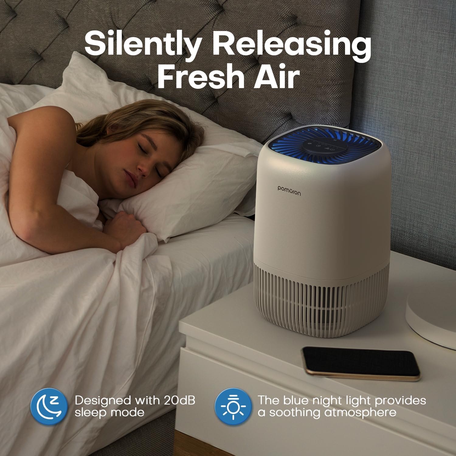 Detalle 2 de POMORON MJ012H Air Purifier, H13 HEPA Filter, 20 dB Sleep Mode, White
