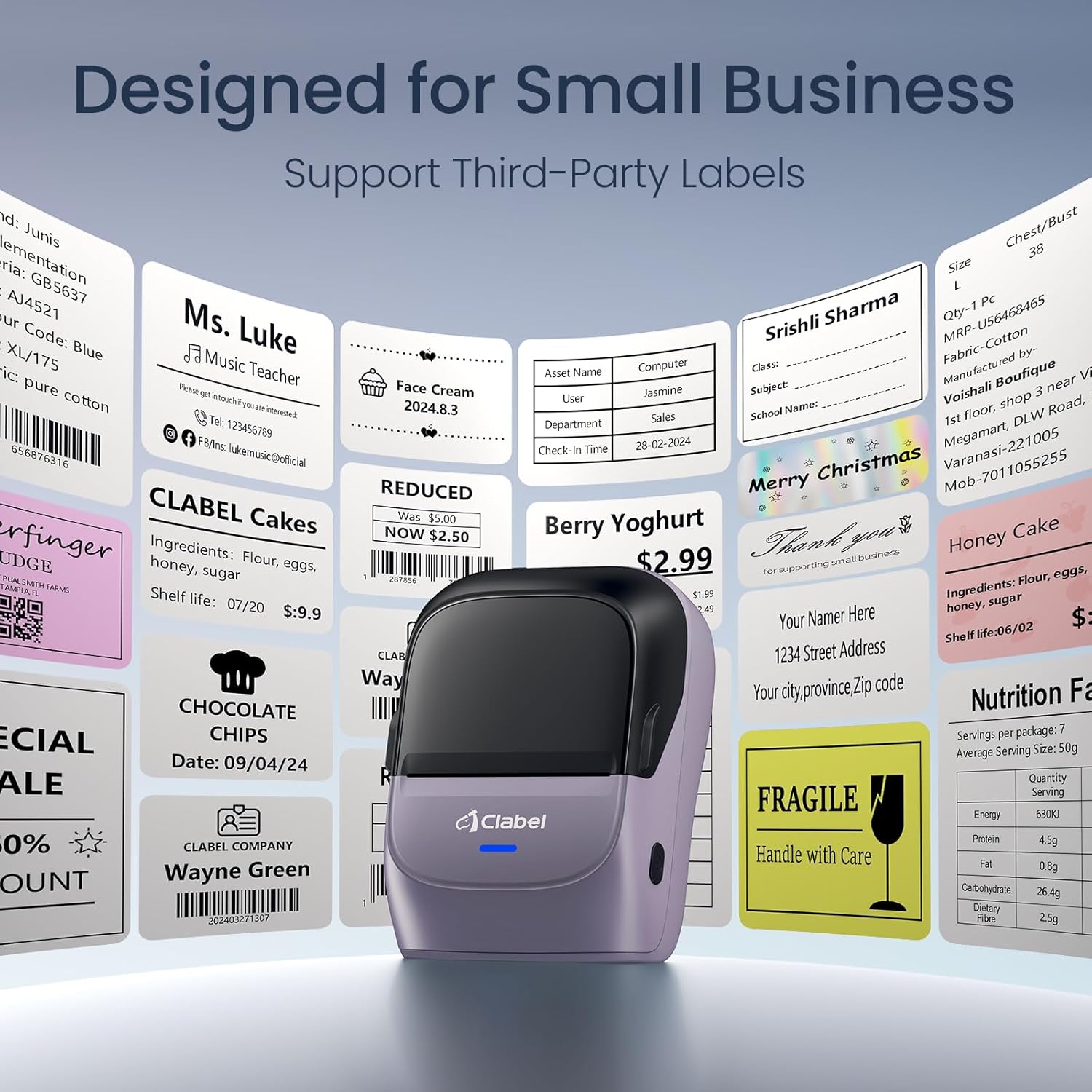 Thumbnail 1 de CLABEL 221B Mini stampante portatile per etichette termiche con Bluetooth e codici a barre (viola)