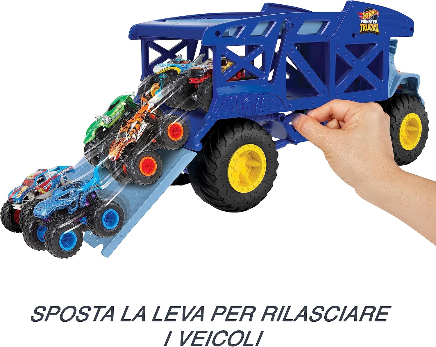 Detalle 2 de Hot Wheels Monster Trucks Rino-Trasportatore: Il Tuo Parco Auto in 2 Livelli per Giovani Piloti