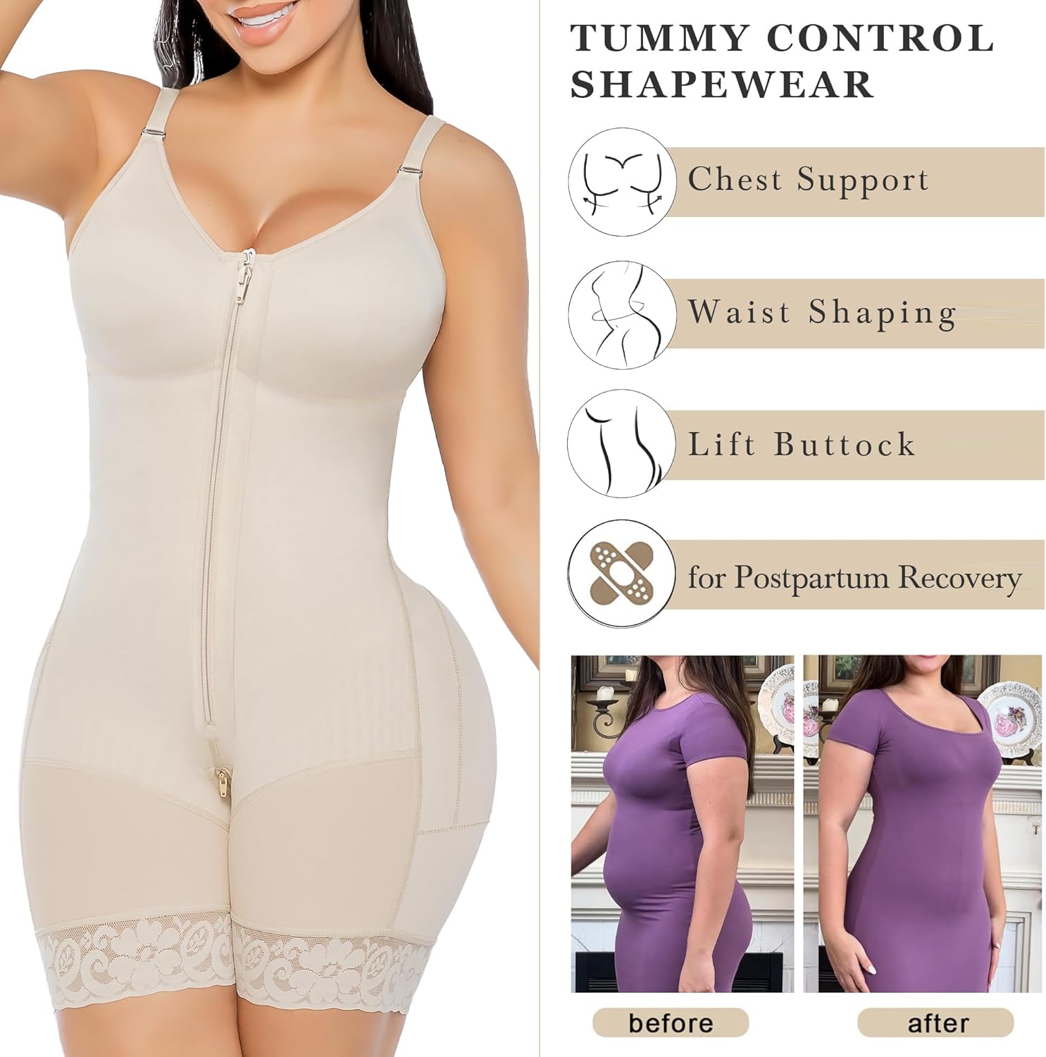 Detalle de YIANNA Fajas Colombianas Postpartum Shapewear with Zipper Crotch Tummy Control Butt Lifter Body Shaper