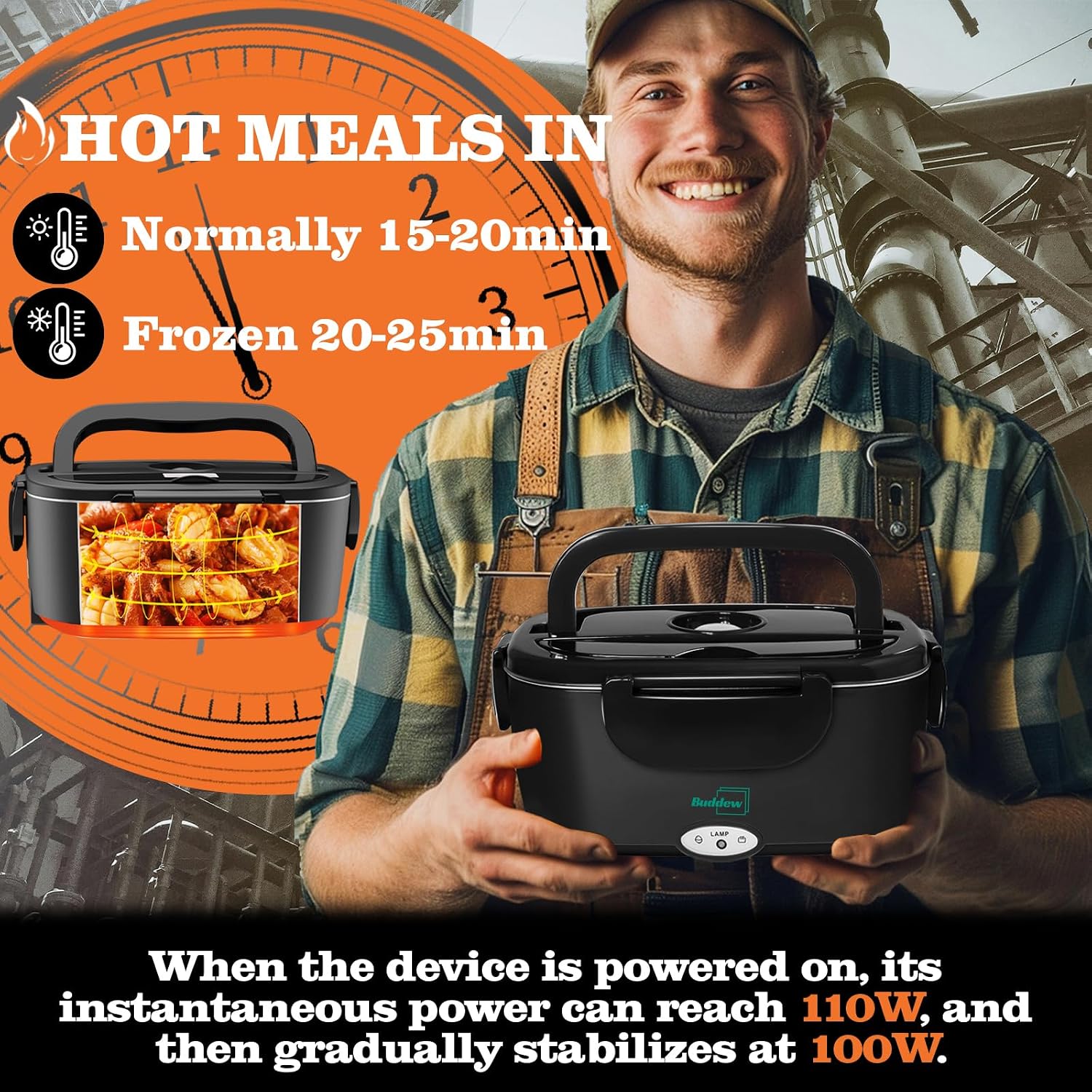 Detalle de Buddew Electric Heated Lunch Box: 80W Fast Heating, 1.5L Stainless Steel Duo, 110V/12V/24V Portable Warmer