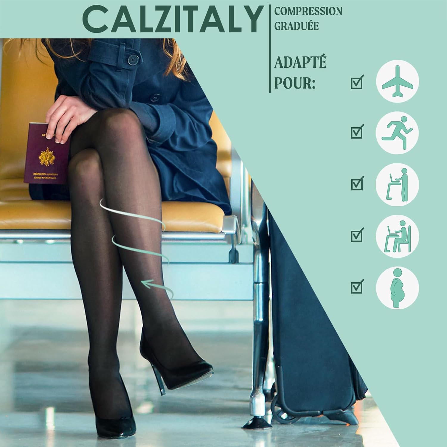 Detalle de CALZITALY Bas Autofixants de Contention avec Compression Graduée Forte 15-21 mmHg – 140 DEN, Noir / Beige, Tailles S à XL, Made in Italy