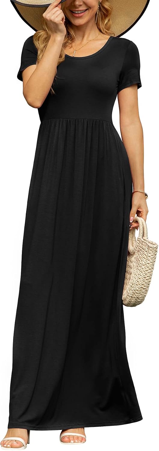 Detalle de DB MOON Women’s 2026 Summer Maxi Dress with Pockets — Empire Waist, Short Sleeves, Casual Long Beach Maxi