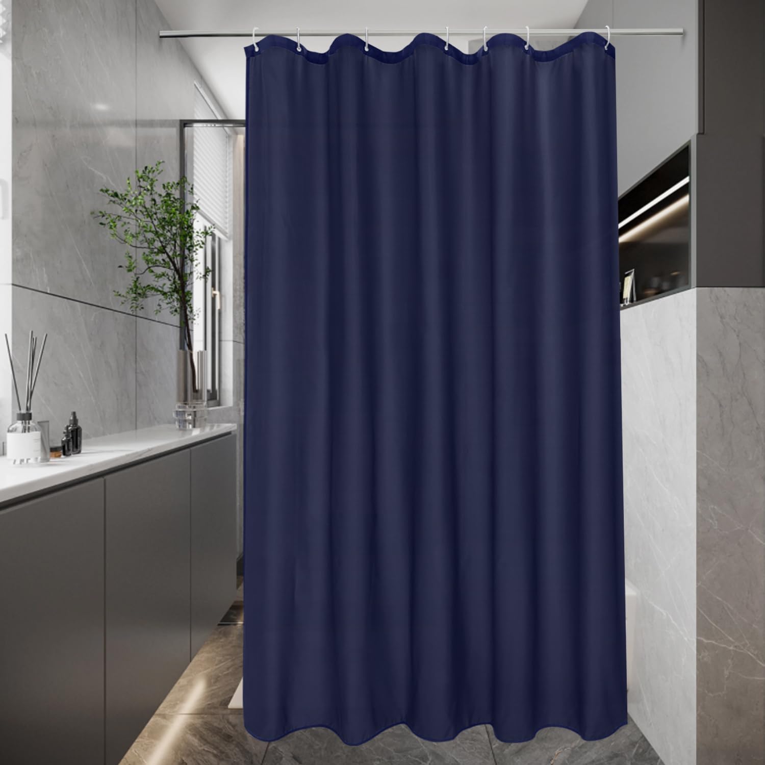 Detalle de EurCross Schmaler Duschvorhang 100x200 cm Textil Blau – wasserdicht, antibakteriell, 7 Ringe