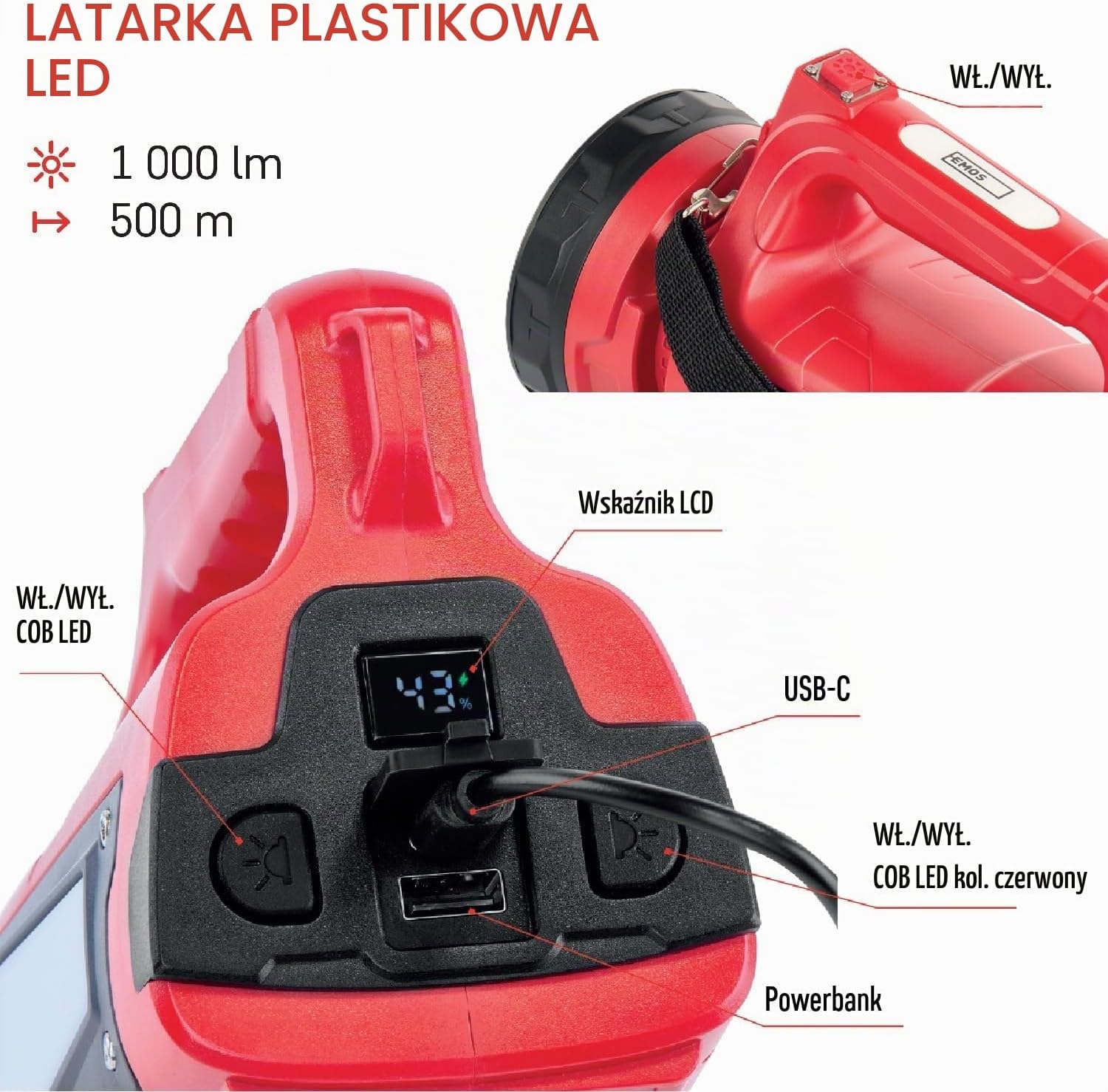 Detalle 2 de EMOS akumulatorowy reflektor ręczny LED 1000 lm, zasięg 500 m, IP44
