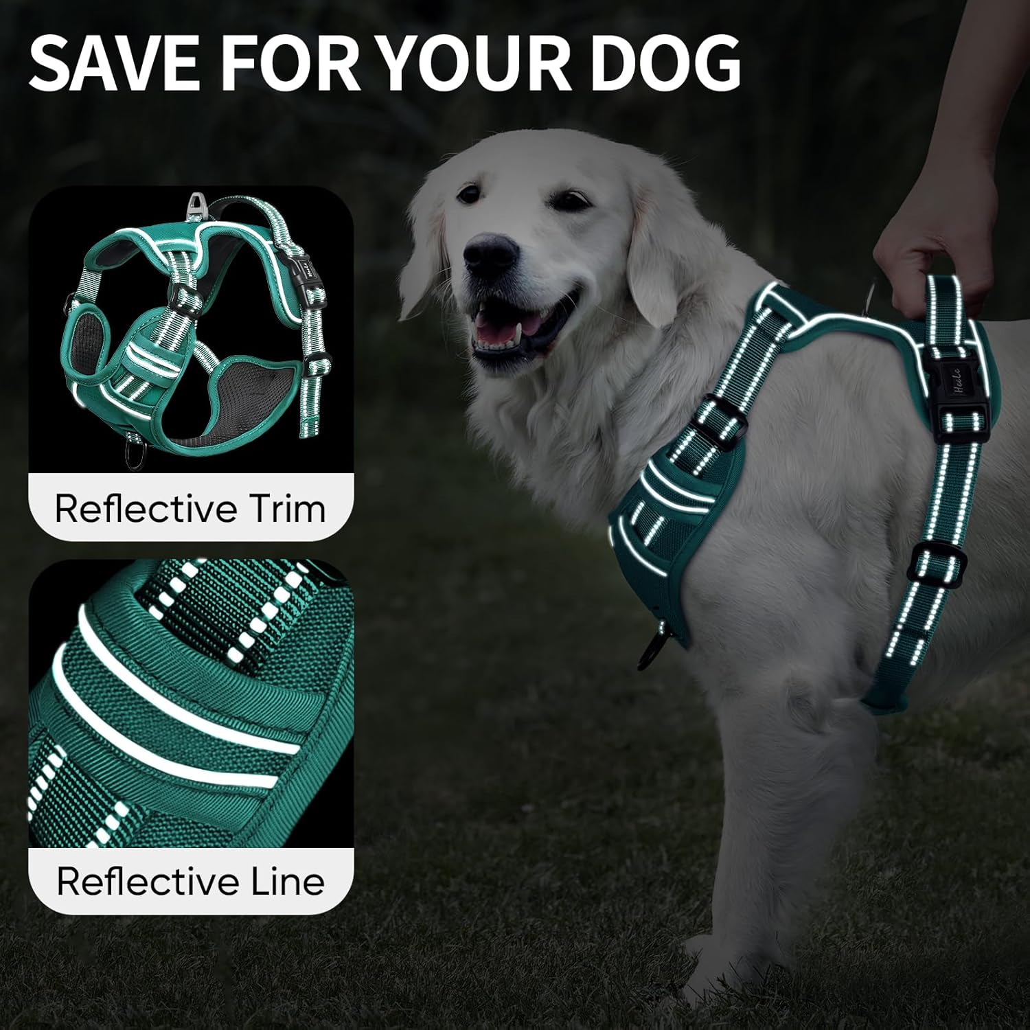 Detalle de HEELE No-Pull Dog Harness for Medium Dogs with Padded Handle – Reflective, Grass Green, Size L