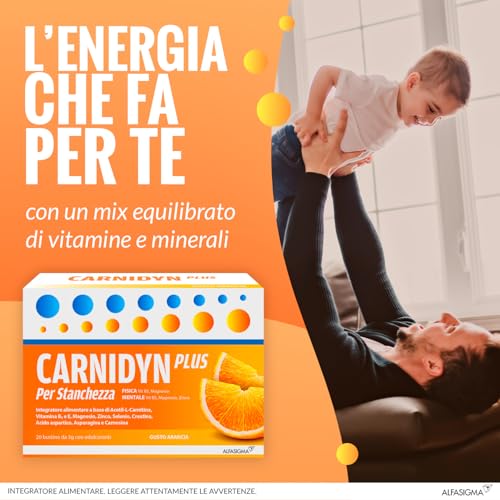 Detalle de Carnidyn Plus: integratore in bustine per energia e concentrazione, gusto arancia