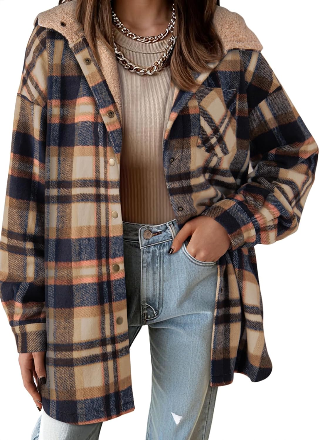Detalle 1 de Dokotoo 2025 Flannel Hooded Plaid Shacket — Fleece Jacket