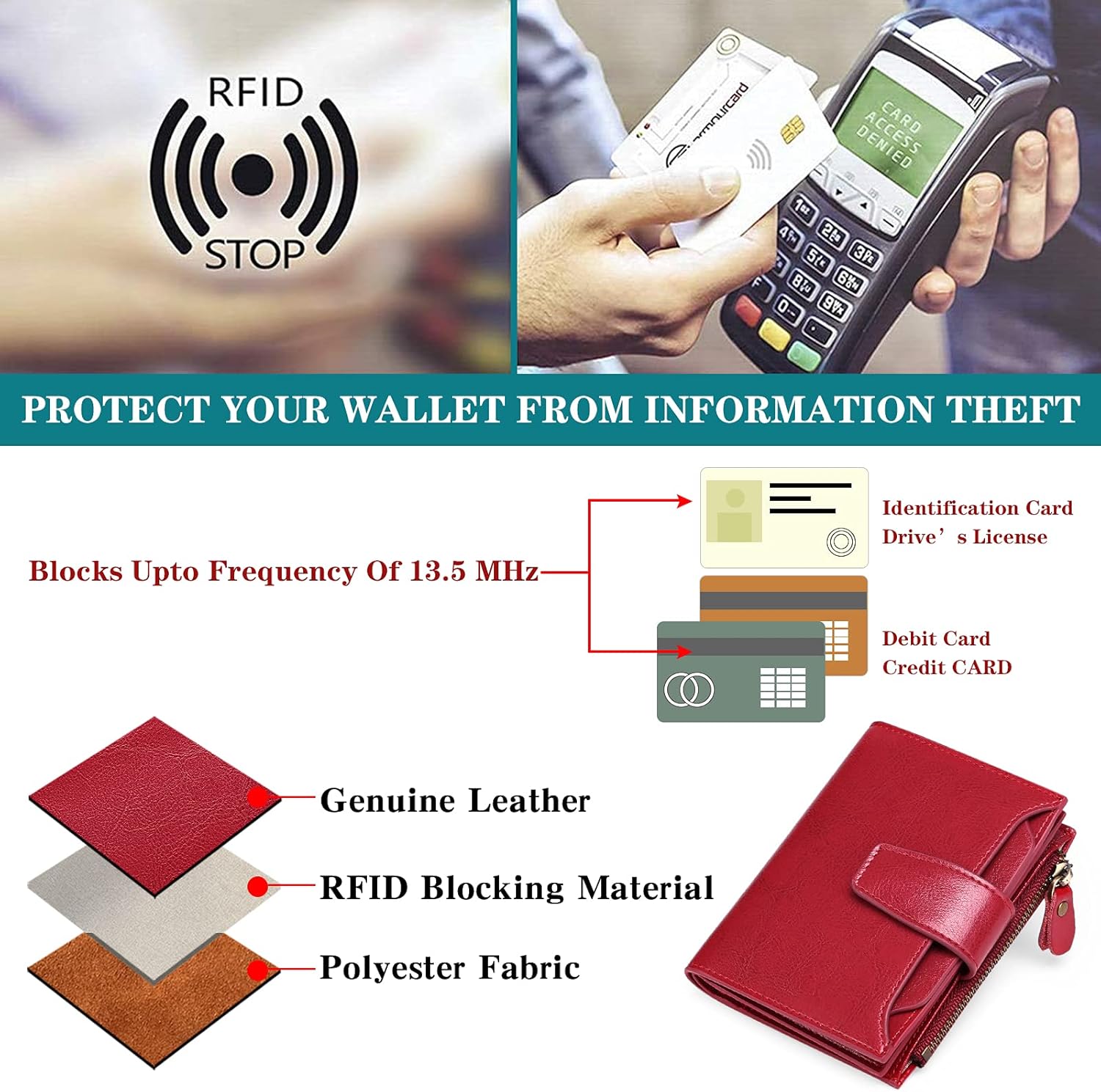 Thumbnail 6 de SENDEFN Women’s RFID Blocking Leather Small Compact Bi-fold Zipper Wallet Card Case with ID Window