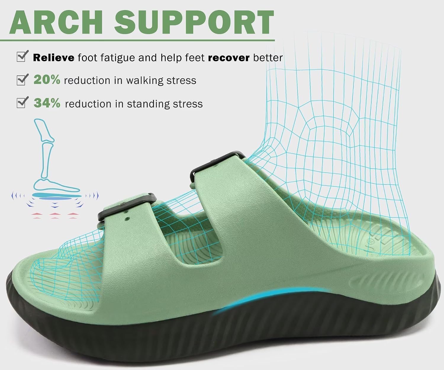 Detalle 2 de KuaiLu Women’s Recovery Sandals with Arch Support – Double-Buckle Slip-On Slides for Plantar Fasciitis