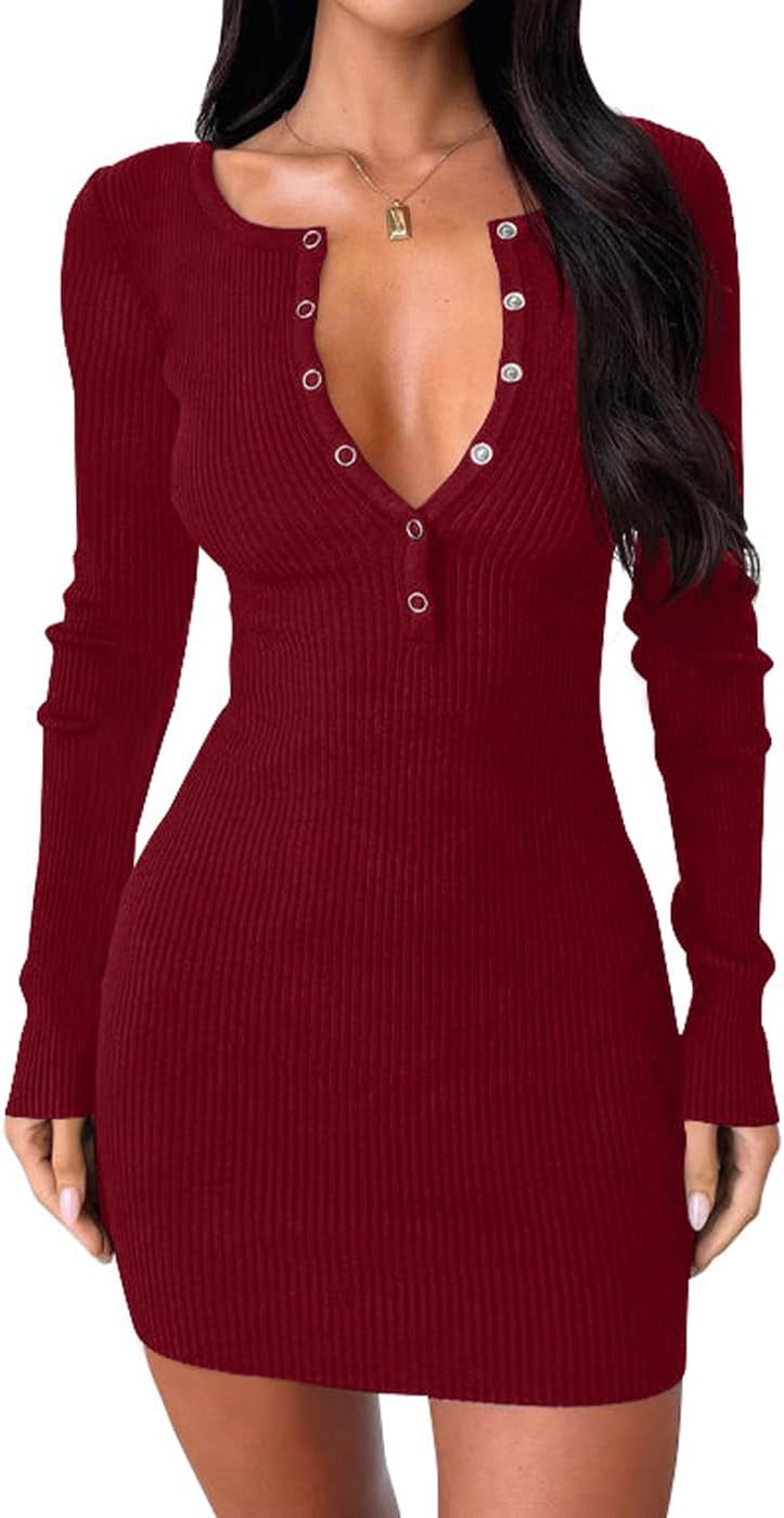 Thumbnail 2 de BONITEE women’s long sleeve sweater dress with deep V-neck and button front