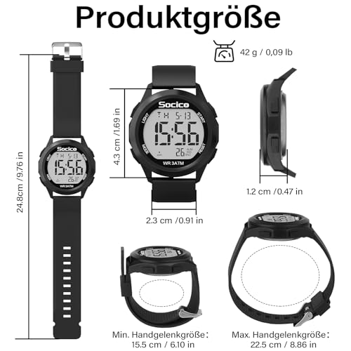 Detalle 2 de SOCICO Herren Digitaluhr 30M – robuster Militär-Style, großes Display, LED-Alarm