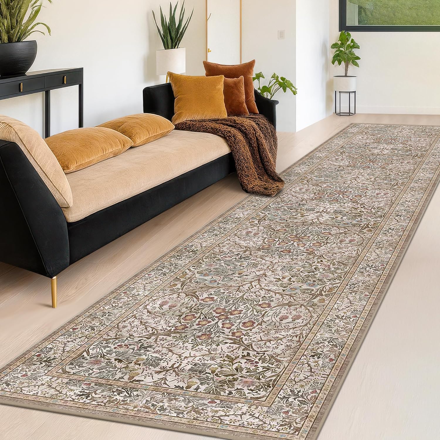 Detalle de Hazo Haus RUG 002 Moss 3' x 12' Runner Rug, Washable Low-Pile Floral