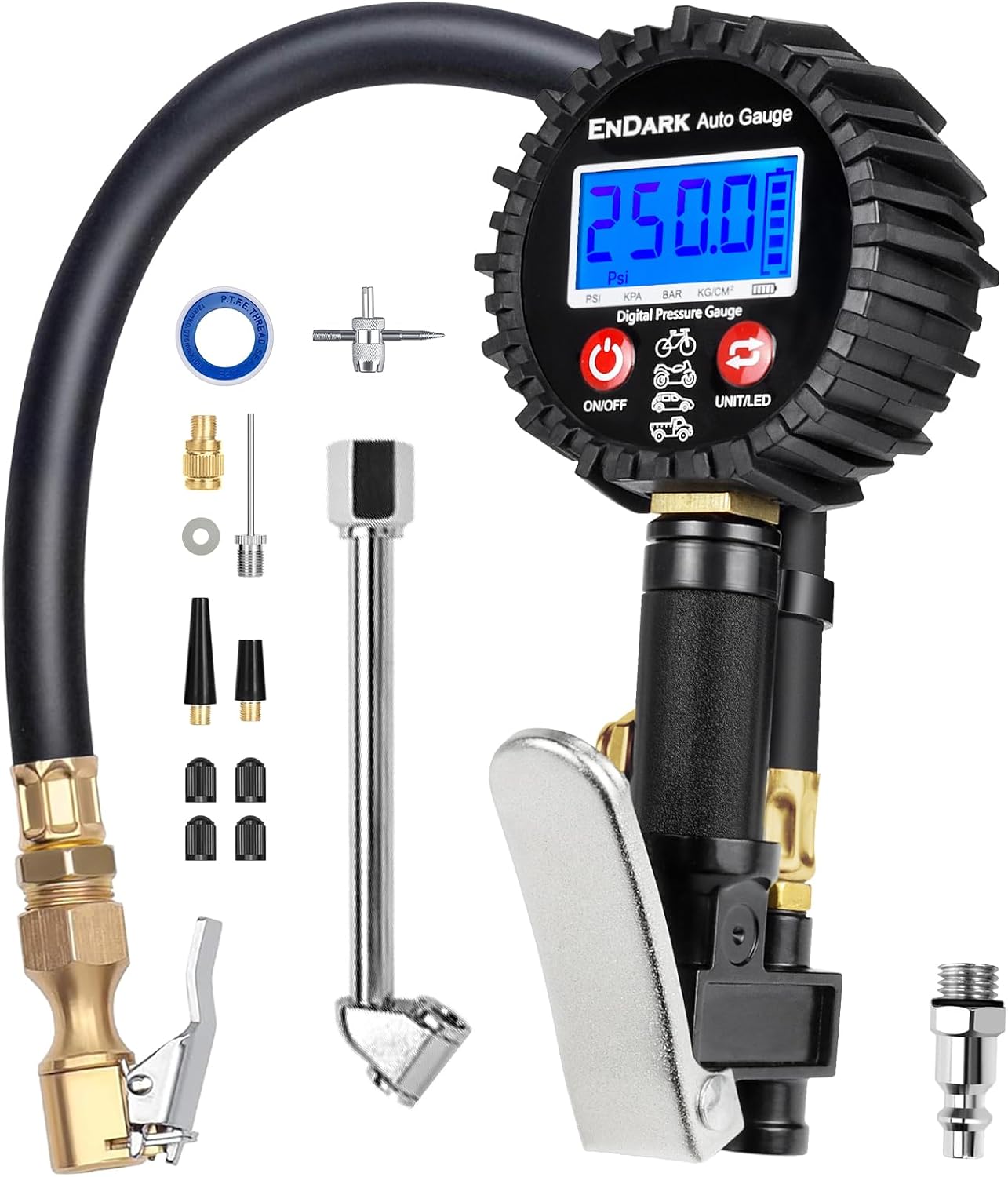 Thumbnail 6 de ENDARK Digital Tire Pressure Gauge with Inflator (250 PSI) — air compressor attachment with 360° chuck, extended hose & carry case