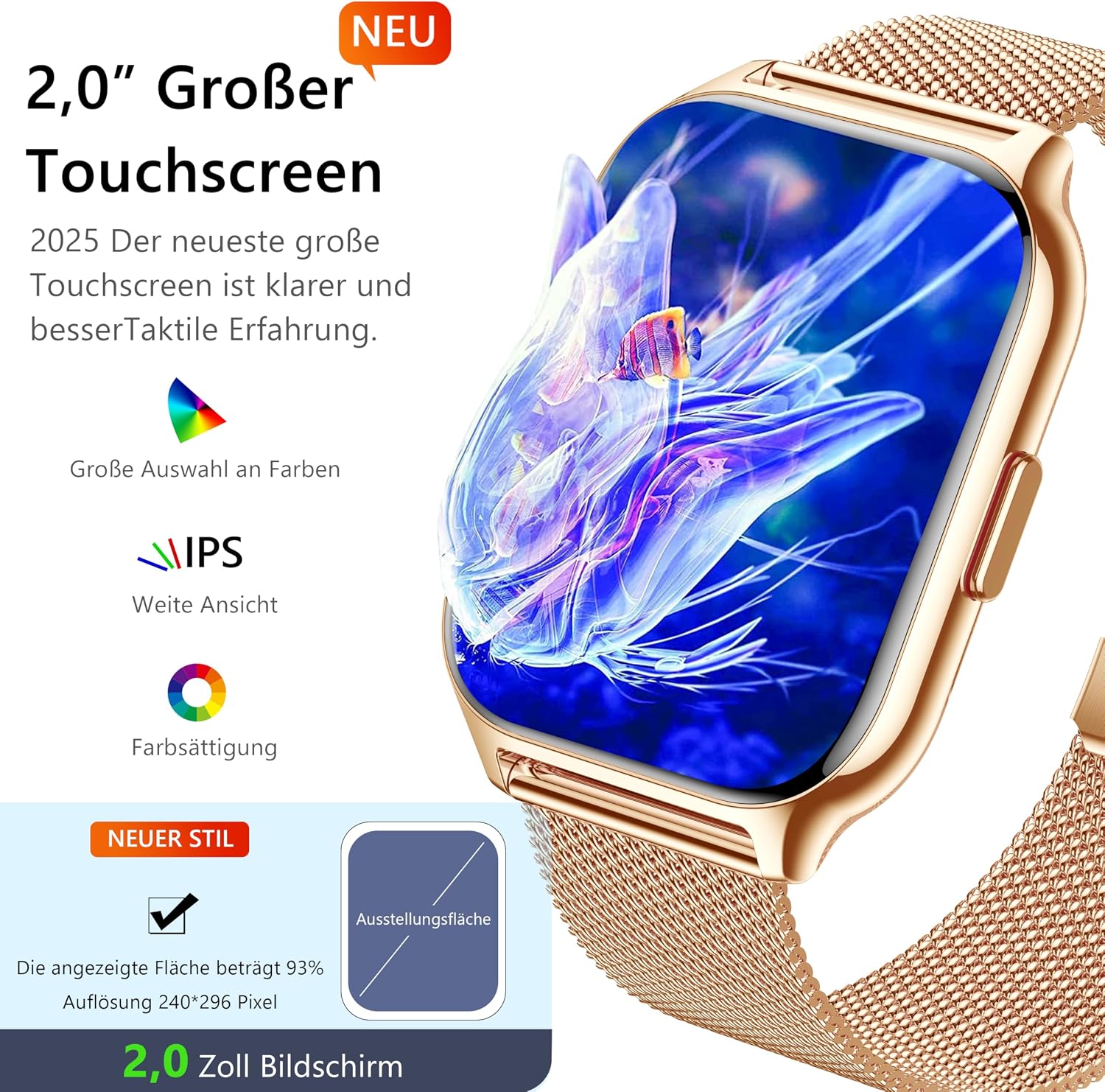 Thumbnail 5 de ZOSKVEE Smartwatch – 2-Zoll-Farbdisplay, Blutdruck, Herzfrequenz und SpO2-Tracker für Android & iOS