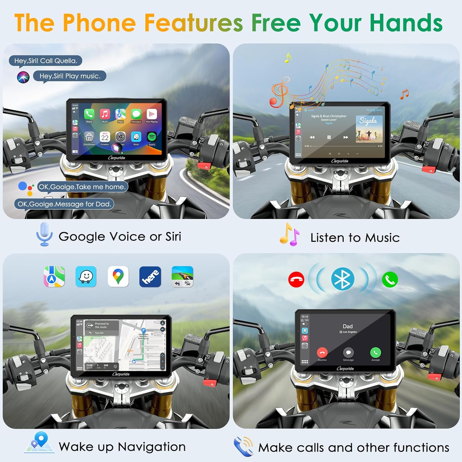 Thumbnail 5 de Carpuride W712D 7-Inch Motorcycle CarPlay Screen with Dual Dash Cam (HD 1080) + Wireless CarPlay/Android Auto