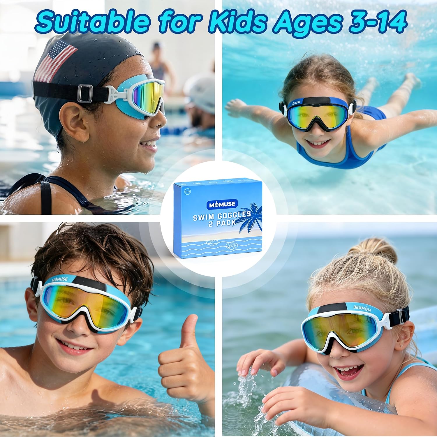 Thumbnail 6 de MOMUSE 2PC Kids Swim Goggles with Comfort Fabric Strap