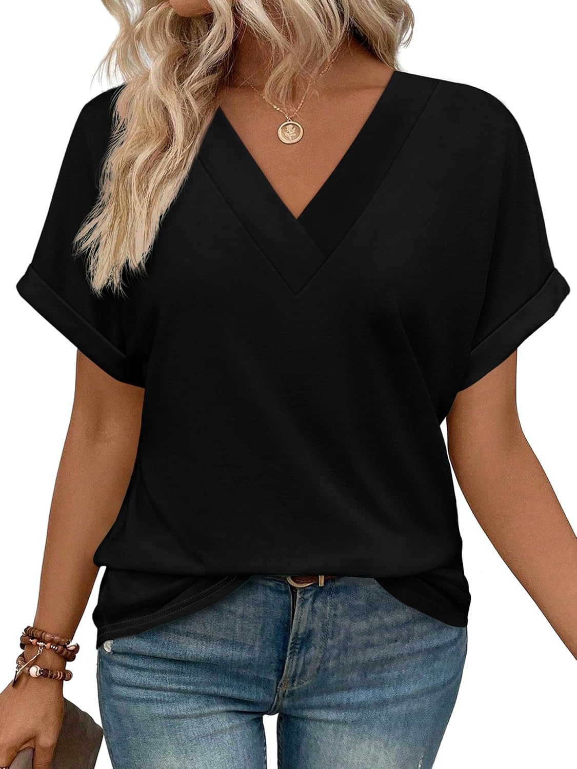 Detalle de WIHOLL Women's Summer Tops: Short Dolman Sleeve V-Neck Tee (2026)