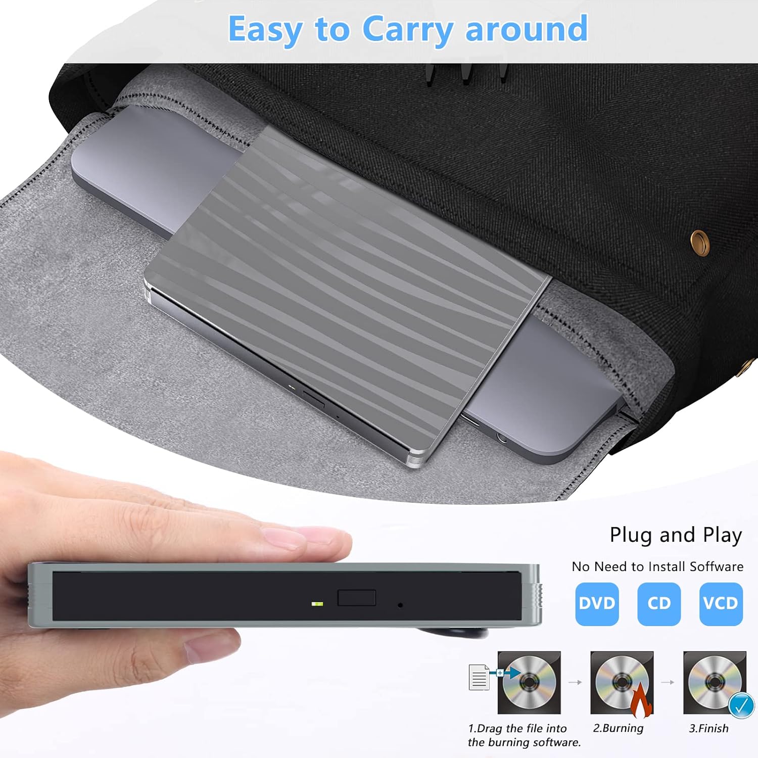 Thumbnail 4 de QDSYLQ Externes CD/DVD-Laufwerk USB 3.0 Type-C (tragbar) zum Brennen und Rippen