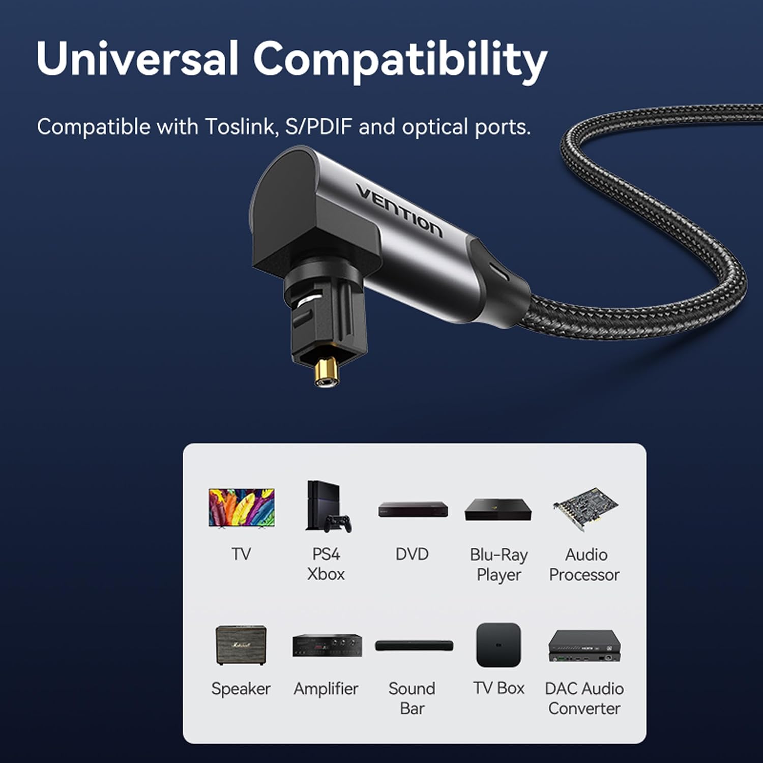 Thumbnail 4 de Vention Optical Audio Cable 1m – 90° right-angle TOSLINK digital lead for TV to soundbar