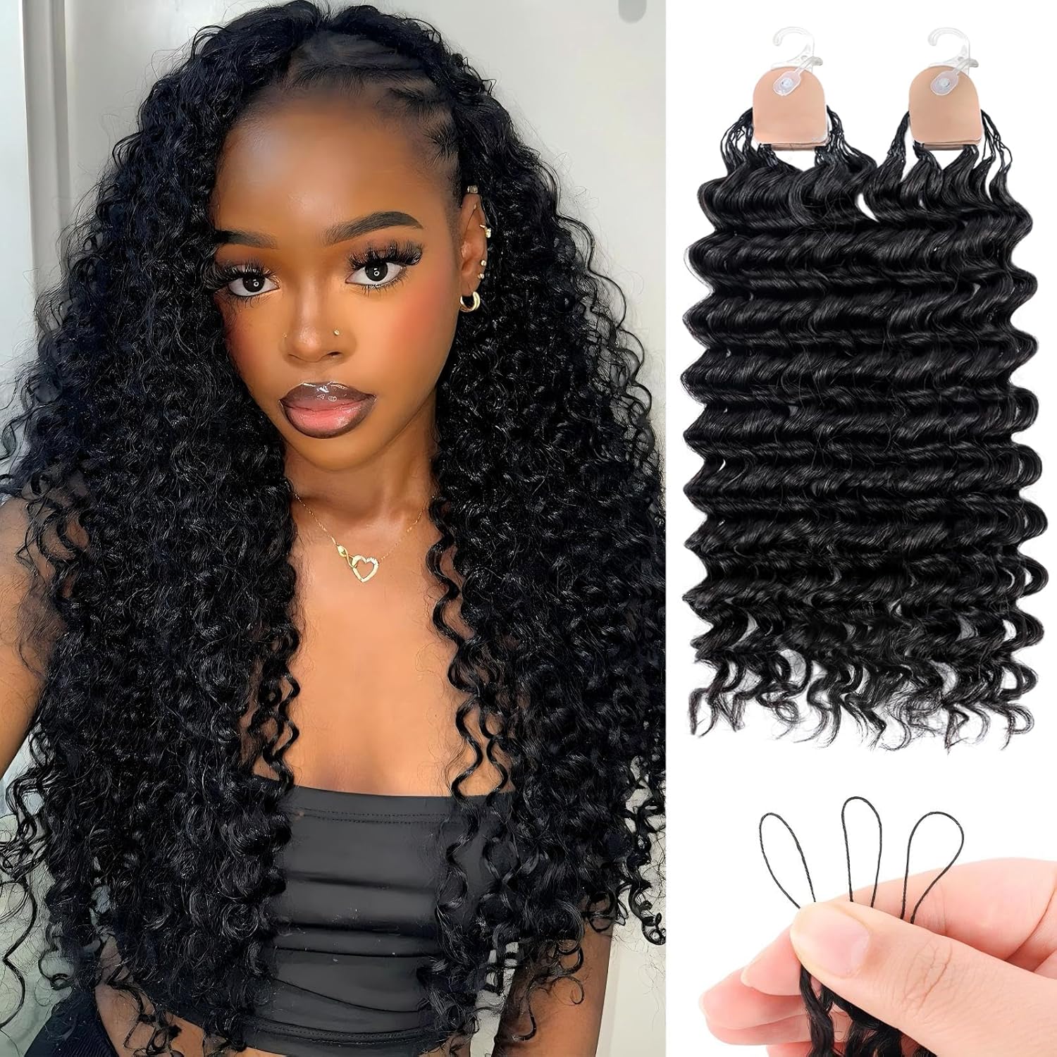 Detalle de Human Crochet Hair for Black Women: 14 Inch Feather Deep Wave Crochet Extensions, 60g, 50 Strands