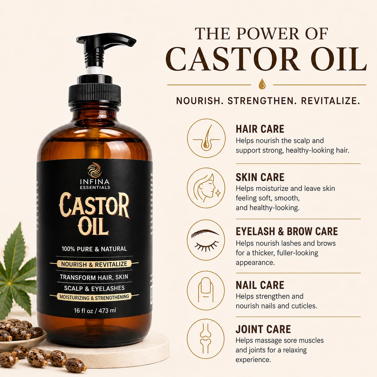 Detalle 2 de INFINA ESSENTIALS Pure Cold Pressed Castor Oil (Hexane Free) — 16 fl oz Glass Bottle for Hair, Scalp, Skin & Eyelashes