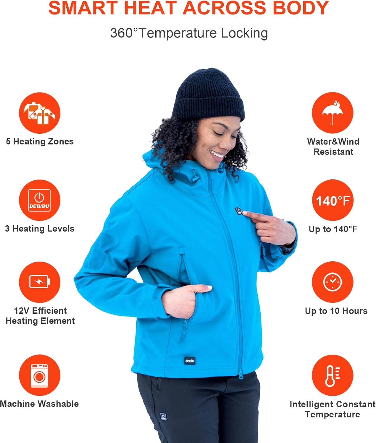 Detalle de DEWBU DB-0125 Women's Heated Jacket, 5 Zones, 3 Heat Settings, 12V Battery