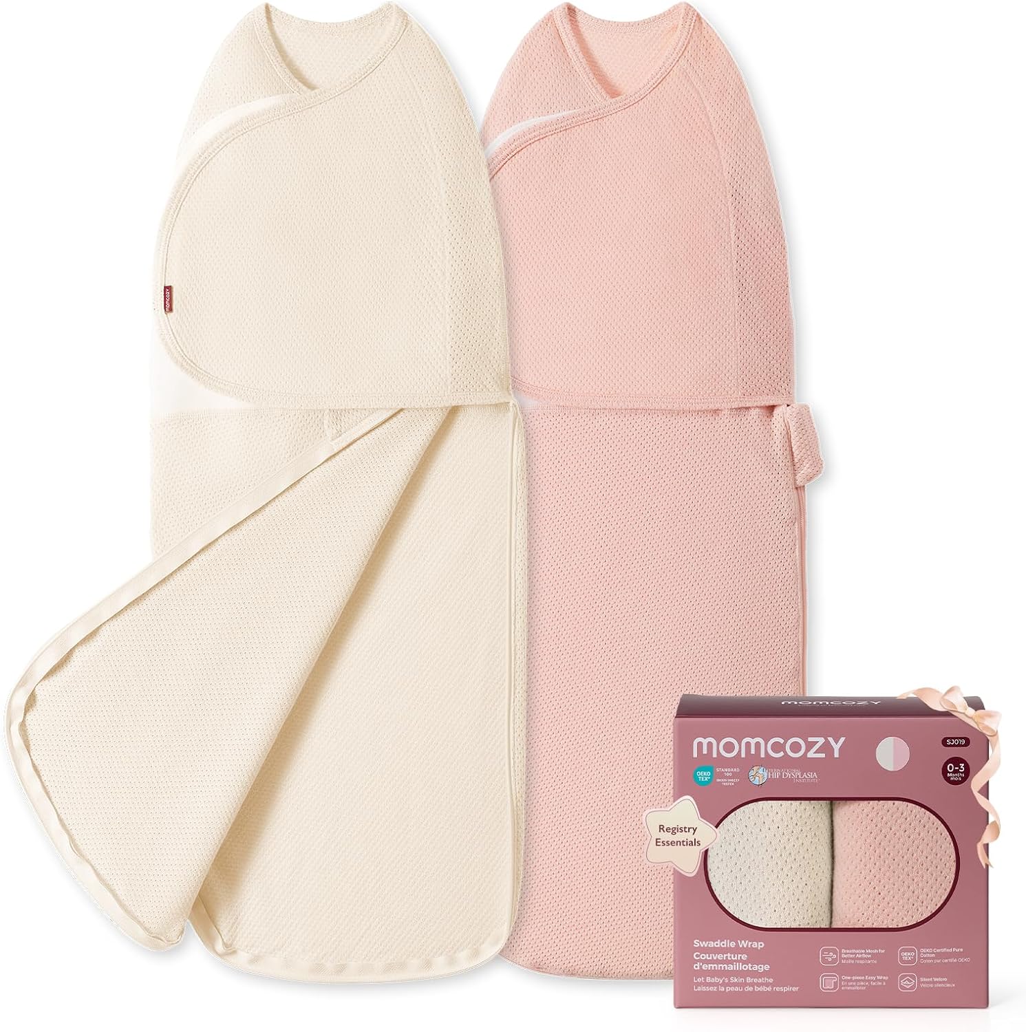 Detalle de Momcozy Pucksack Baby 0–3 Monate, 2er-Set Rosa & Beige – atmungsaktives Baumwollnetz