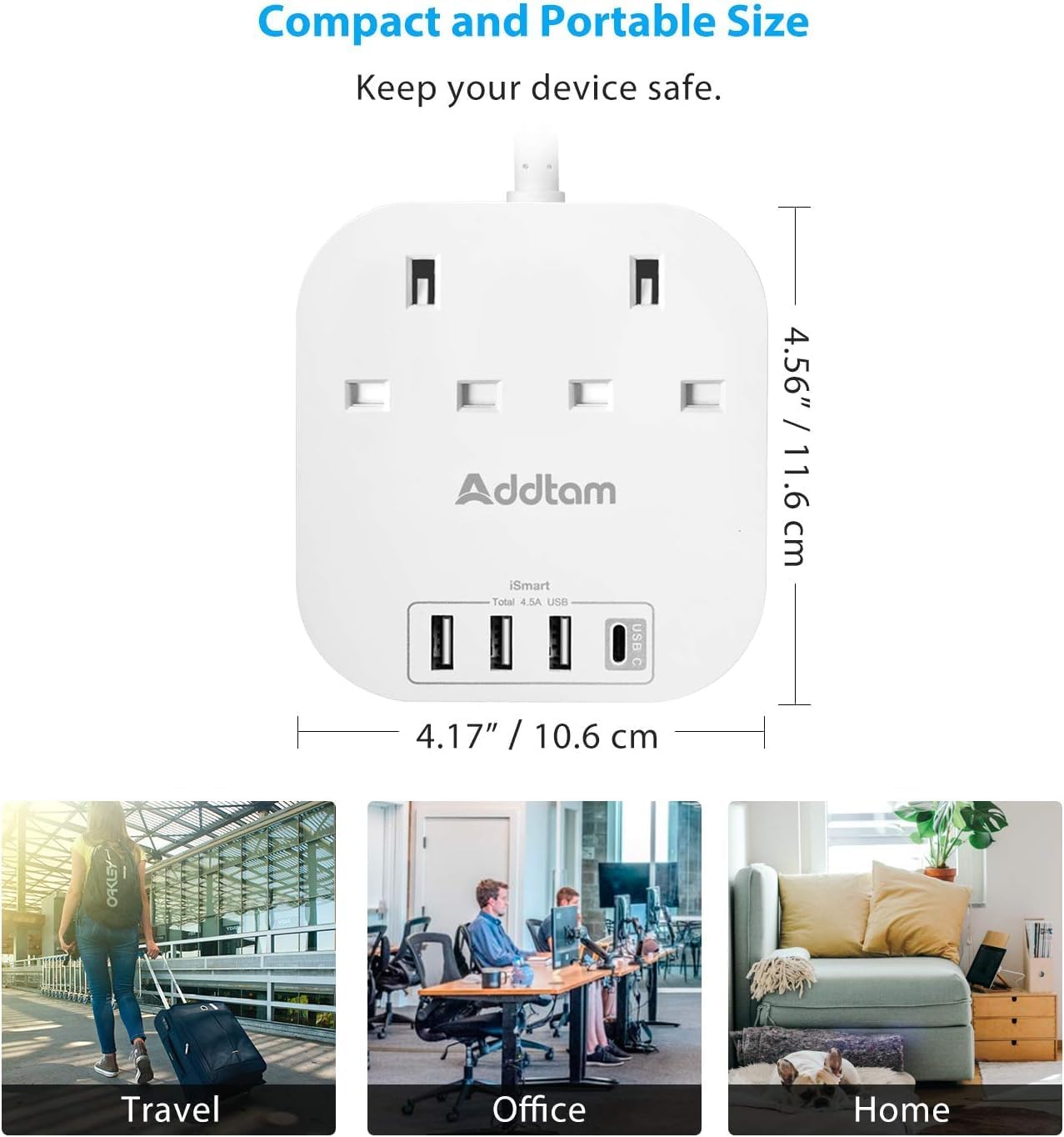 Detalle de 3M Extension Lead 4.5A USB‑C + 3 USB‑A Power Strip 🔌