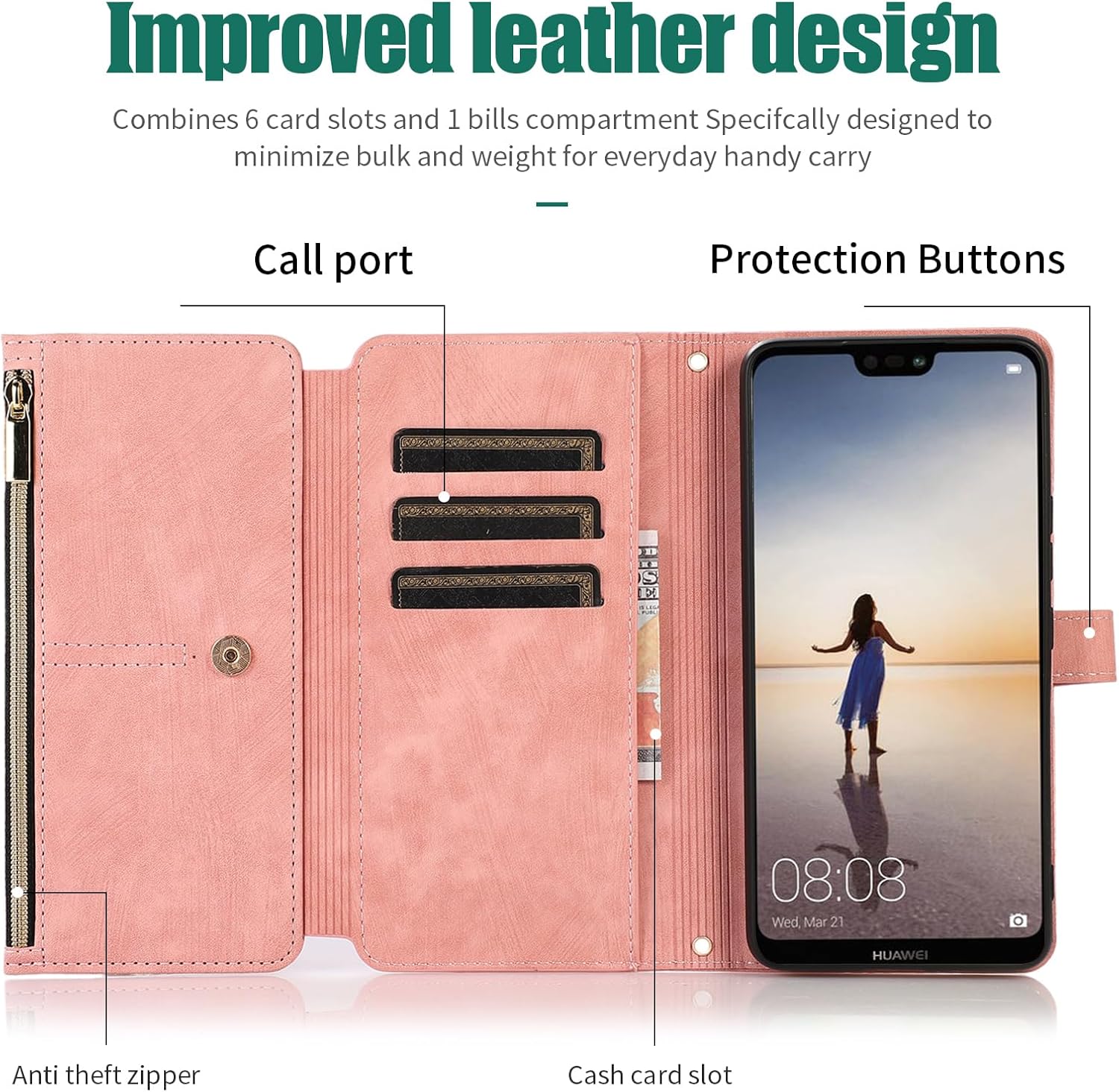 Thumbnail 2 de Asuwish Hülle für Huawei P20 Lite / Nova 3E — Leder Klappenwallet mit Standfunktion, rosa