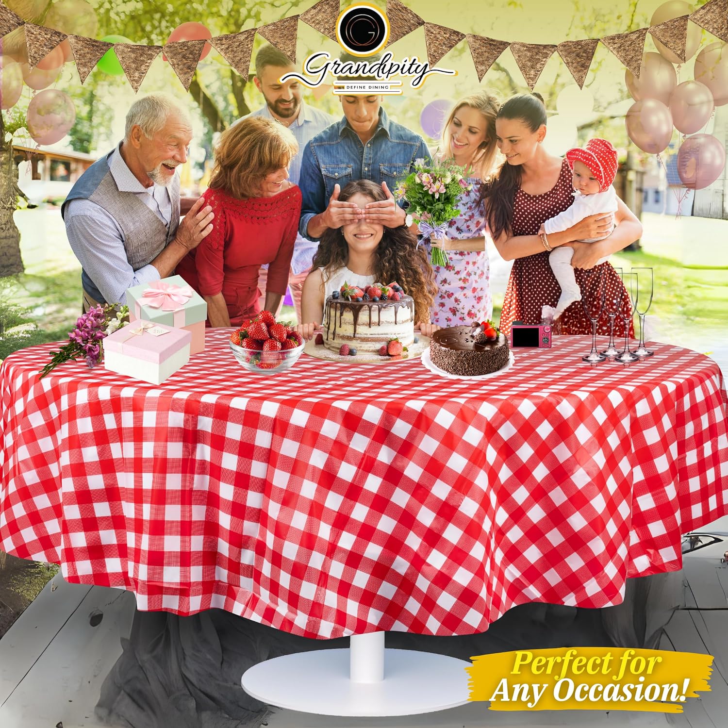 Thumbnail 5 de Grandipity 12 Pack Premium Disposable 84" Round Checkered Tablecloth – Red Ginghams