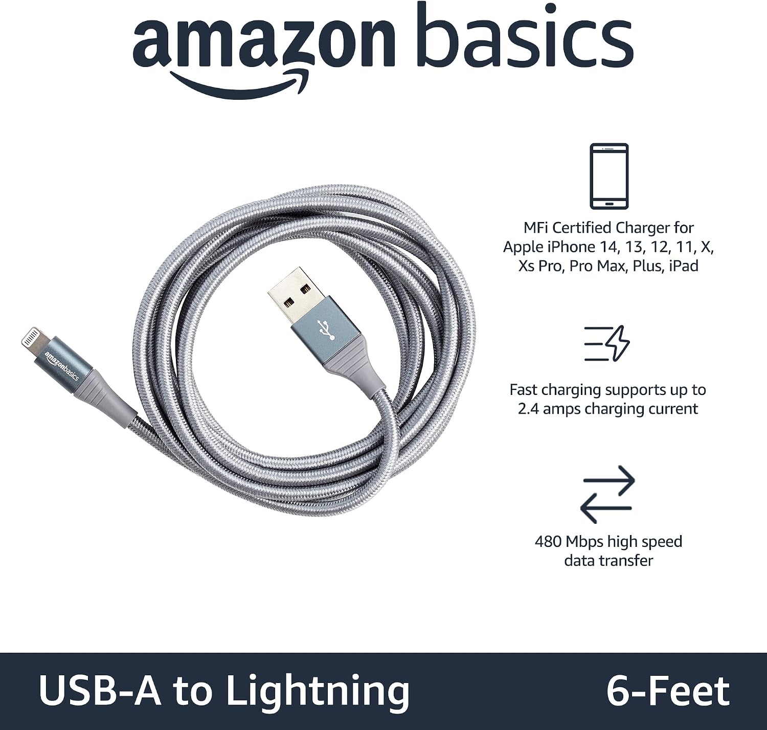 Detalle 2 de Amazonベーシック L6LM-N-B USB-A-ライトニングケーブル 1.8m・ダブルナイロン編組・MFi認証・2本セット
