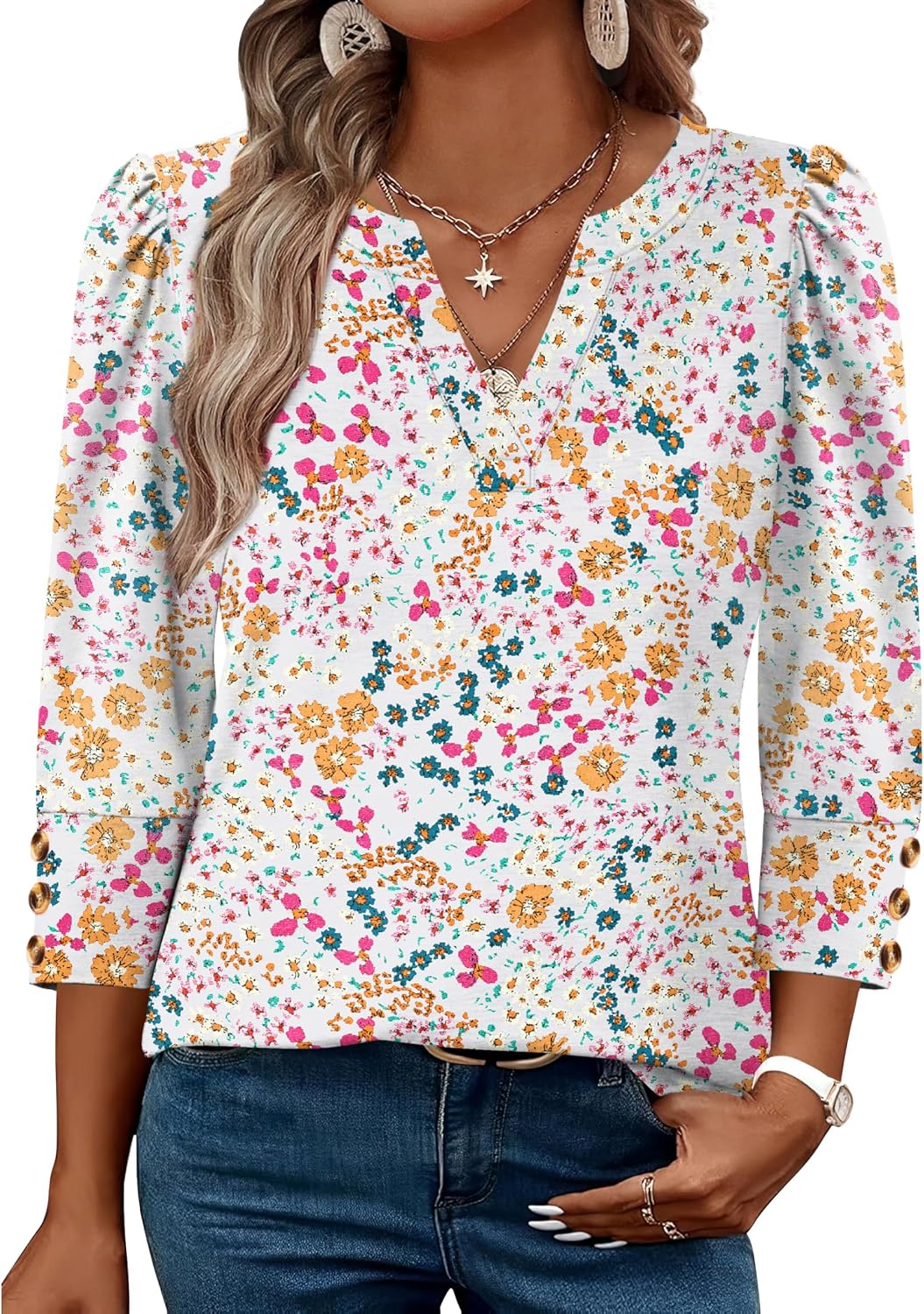 Detalle de WIHOLL 3/4 Sleeve V-Neck Blouse Dressy Casual Top