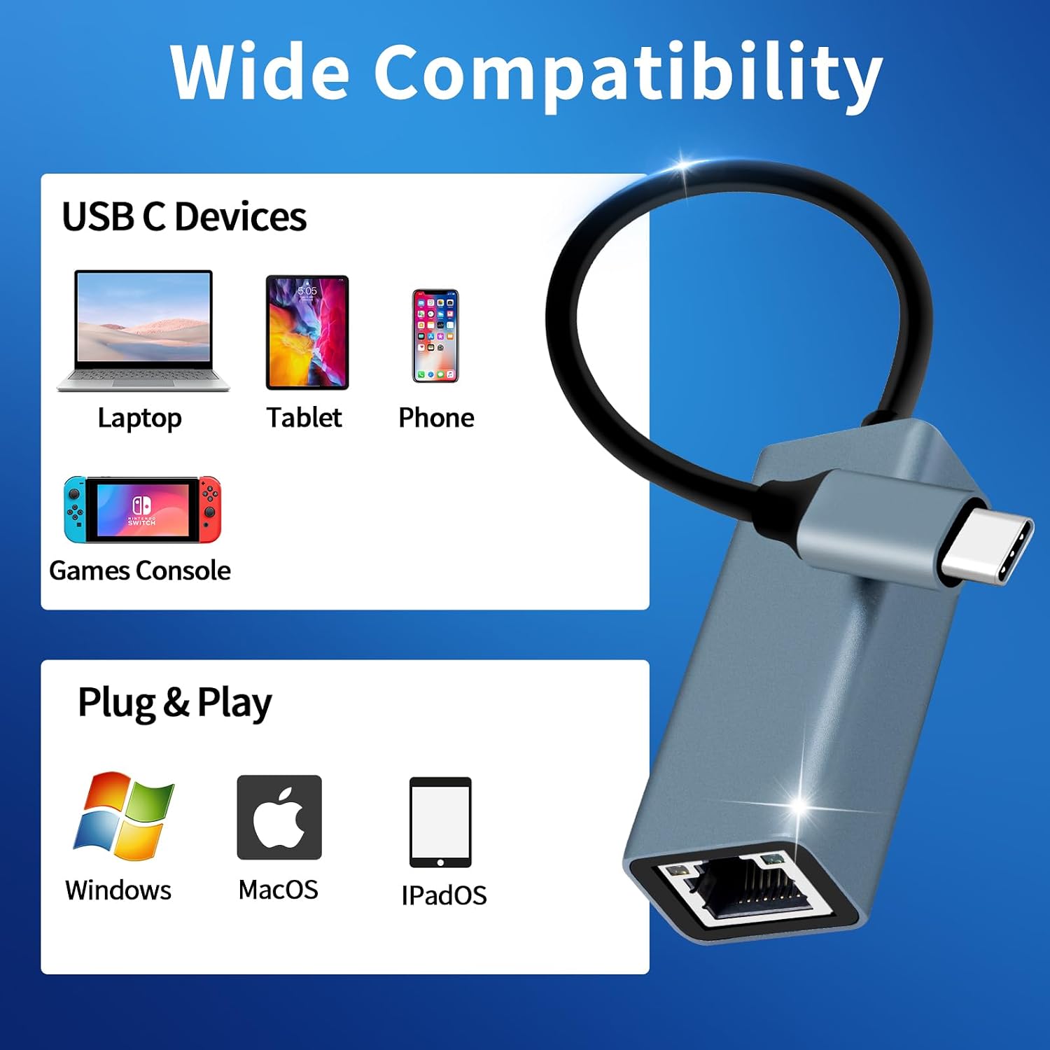 Thumbnail 6 de YIIFELL USB-C auf Ethernet Adapter – Gigabit-LAN für Mobilgeräte und Notebook
