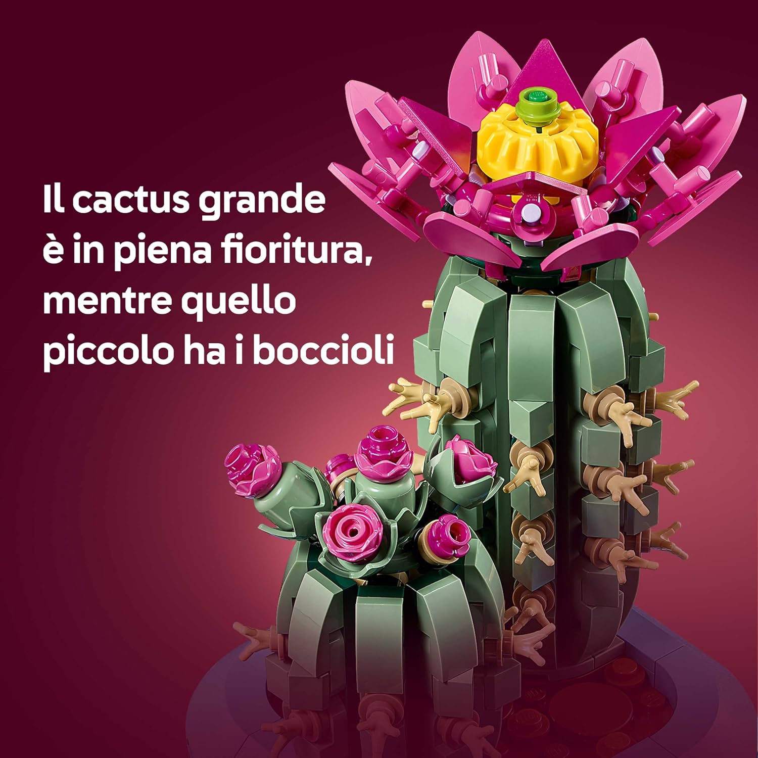 Detalle de LEGO Botanicals Cactus in Fiore – Pianta artificiale con 2 cactus e fiori finti in vaso blu pastello