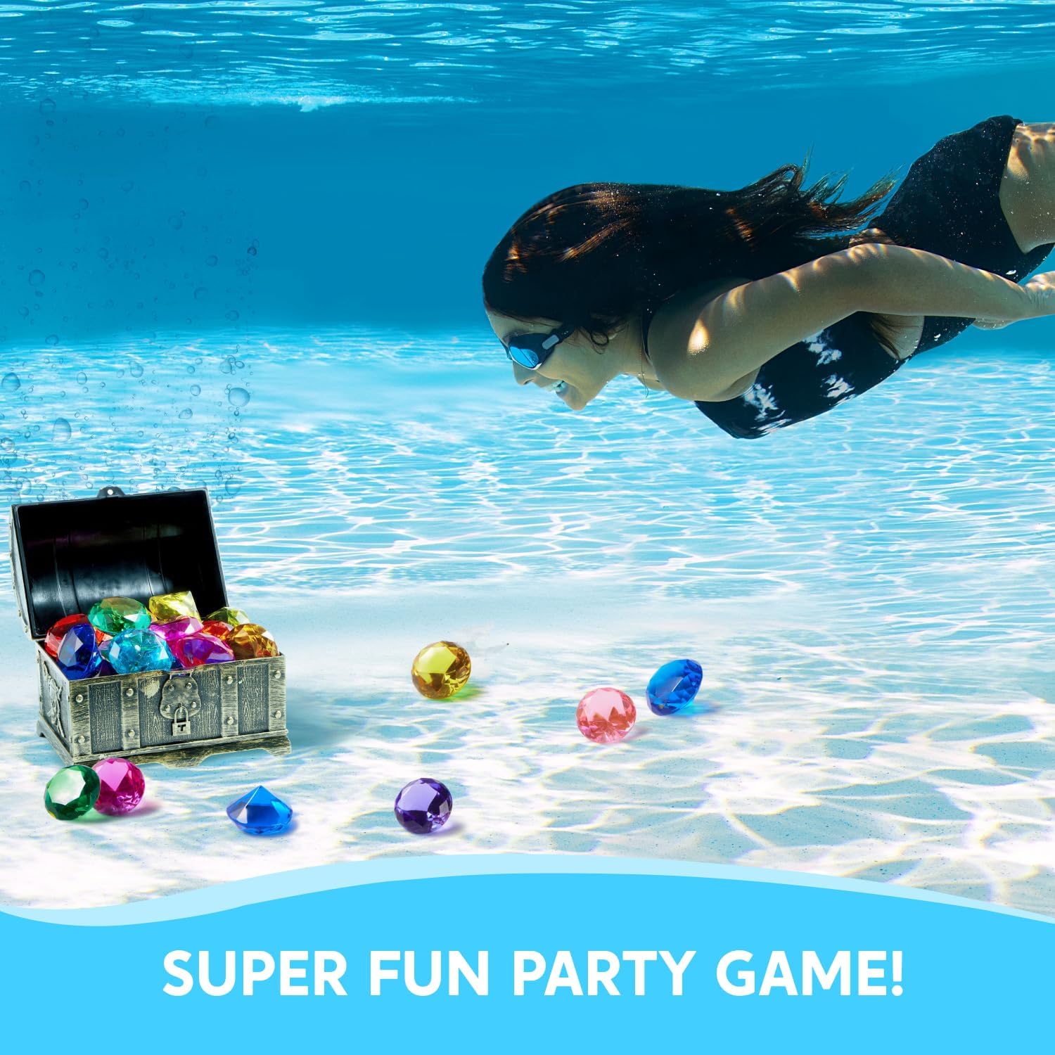 Thumbnail 5 de Sloosh Diving Gems Pool Toys: 16 Big Colorful Diamond Gems with Pirate Treasure Chest (Acrylic Dive & Swim Game)